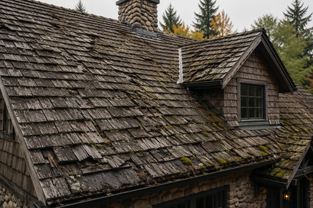 Weathered cedar shake with heavy moss on a Mercer Island roof