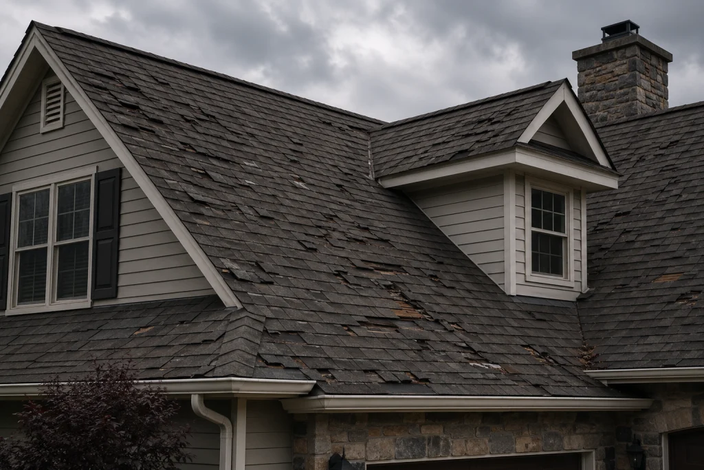 Wind-thrown shingles and exposed decking after a January storm